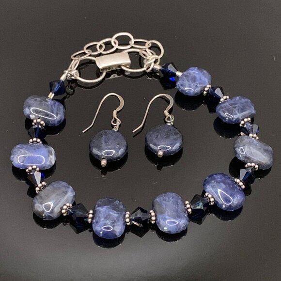 Dark Blue Sodalite Stone Sterling Silver 925 Bracelet Earrings Set J521 - Picture 1 of 6